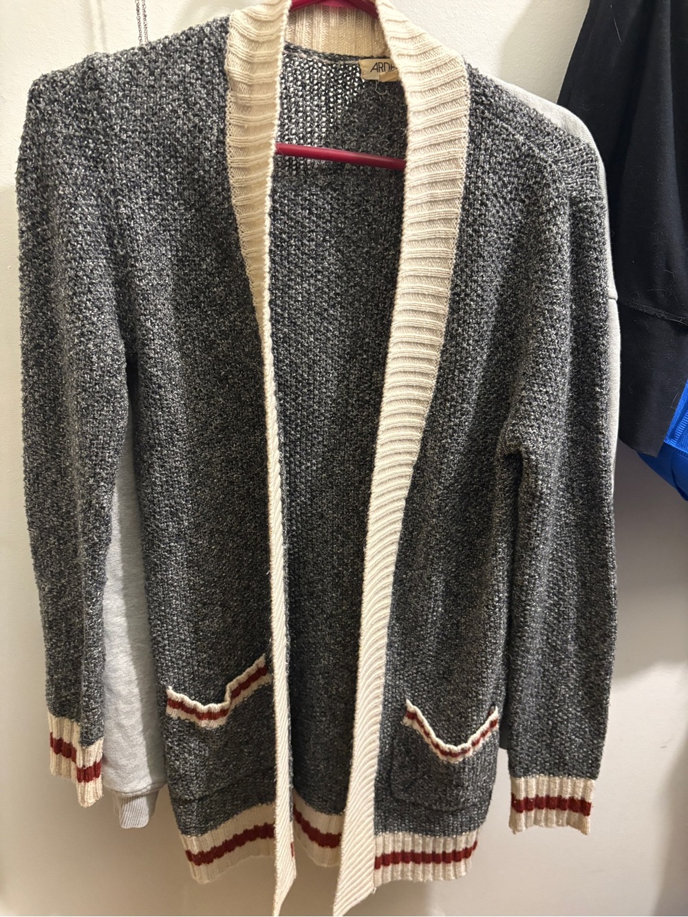 Ardene Gray Open Knit Cardigan with Cream Shawl Collar and Red Trim Size small